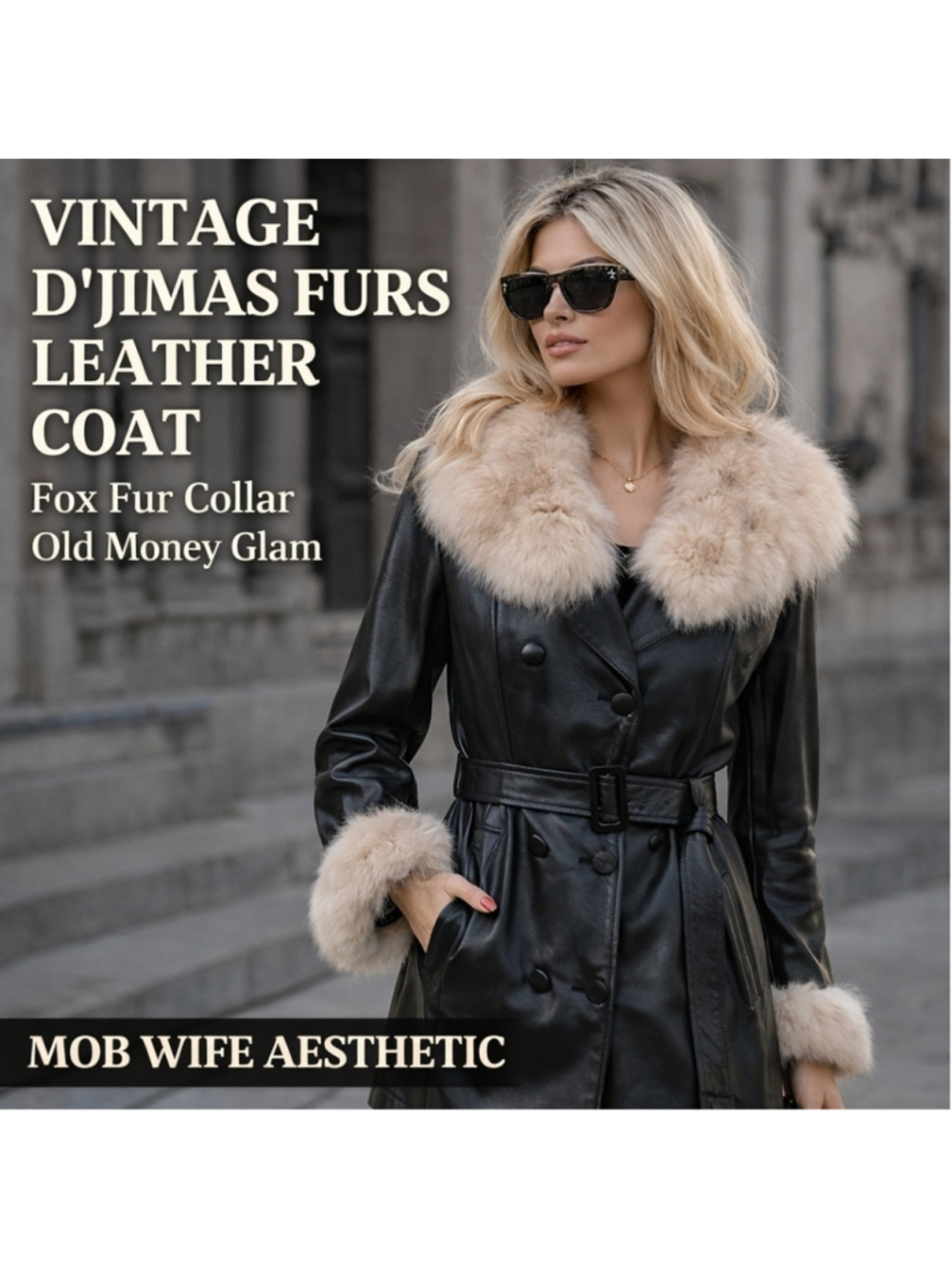 Vintage D’Jimas Furs Leather Coat Fox Fur Collar Belted Black Trench Glamoratti